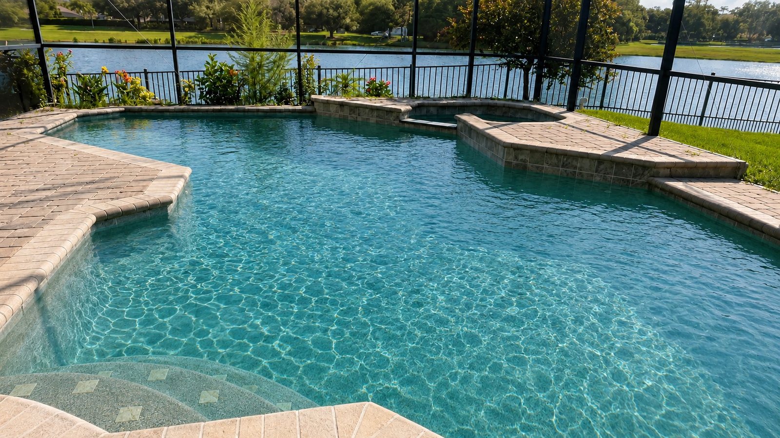 Residential pool by a lake in Orlando, FL